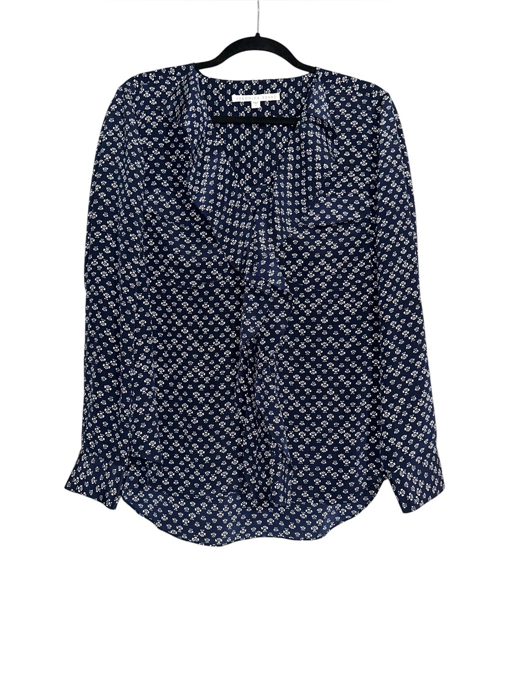Veronica Beard Lotus Silk Long Sleeve Ruffle Neck Button Down Navy Blouse 12